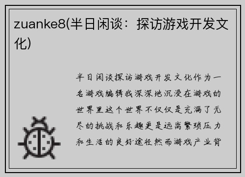 zuanke8(半日闲谈：探访游戏开发文化)