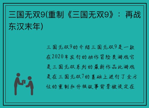 三国无双9(重制《三国无双9》：再战东汉末年)